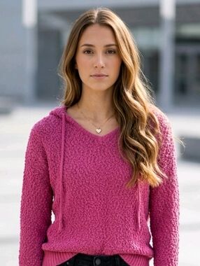 Maurices Cozy Pink V-Neck Popcorn Knit Hoodie Sweater Size Small